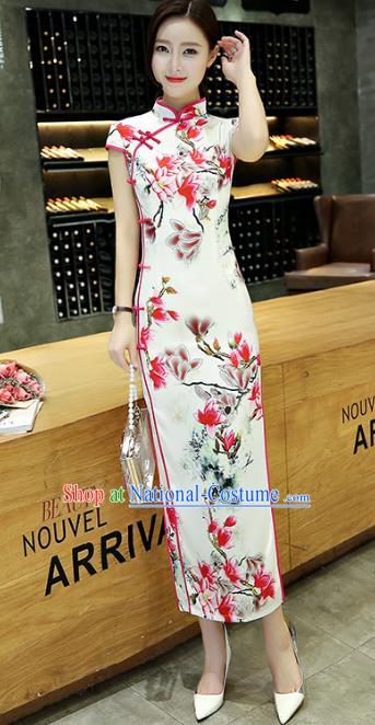 Chinese National Costume Tang Suit Qipao Dress Traditional Printing Mangnolia Cheongsam for Women