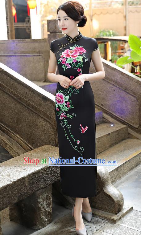 Chinese National Costume Tang Suit Silk Qipao Dress Traditional Printing Peony Black Cheongsam for Women