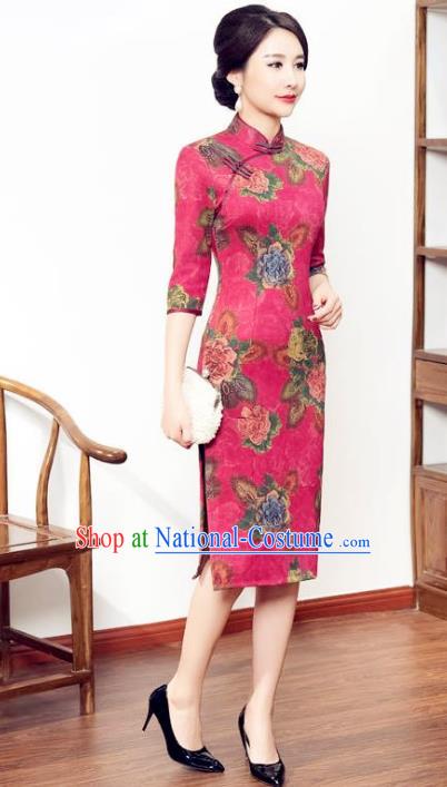 Chinese National Costume Tang Suit Qipao Dress Traditional Pink Suede Fabric Cheongsam for Women