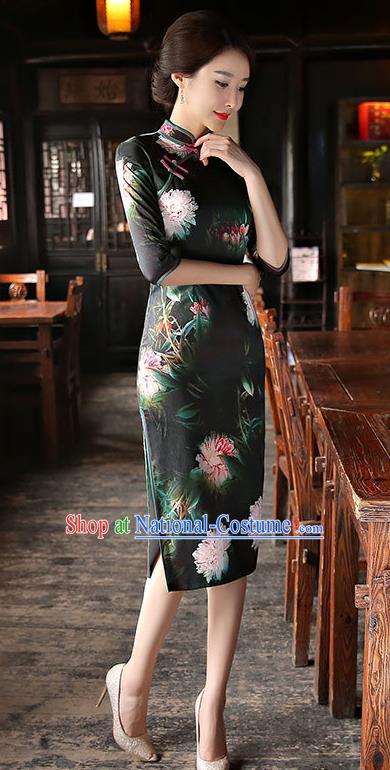 Chinese National Costume Tang Suit Retro Qipao Dress Traditional Printing Peony Cheongsam for Women