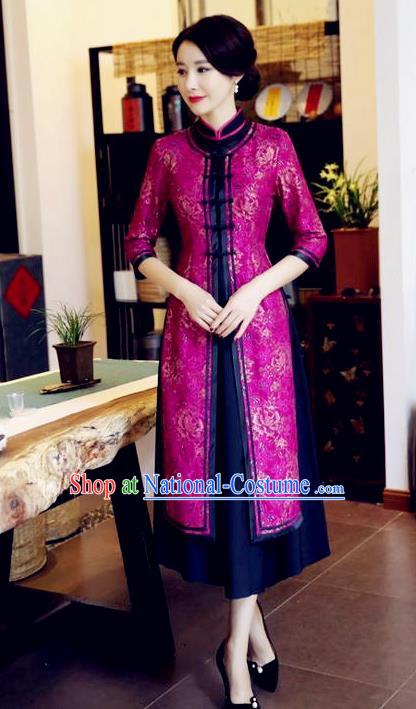 Chinese National Costume Handmade Rosy Qipao Dress Traditional Tang Suit Two-pieces Cheongsam for Women