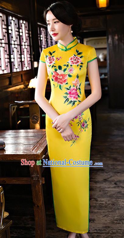 Chinese National Costume Handmade Tang Suit Qipao Dress Traditional Printing Peony Yellow Silk Cheongsam for Women