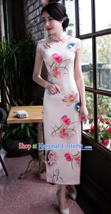 Chinese National Costume Retro Printing Lotus Pink Satin Qipao Dress Traditional Republic of China Tang Suit Cheongsam for Women