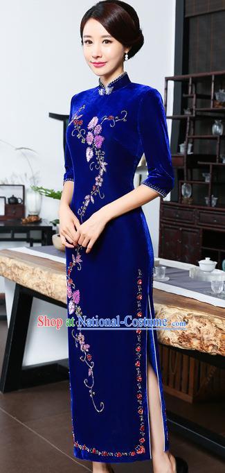 Chinese National Costume Retro Blue Velvet Qipao Dress Traditional Republic of China Tang Suit Cheongsam for Women