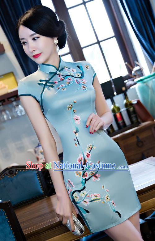 Chinese Top Grade Retro Blue Silk Qipao Dress Traditional Republic of China Tang Suit Short Cheongsam for Women