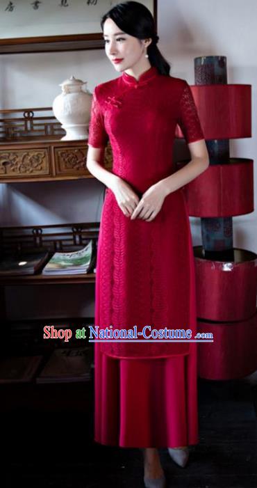 Chinese Top Grade Retro Wine Red Lace Qipao Dress Traditional Republic of China Tang Suit Cheongsam for Women