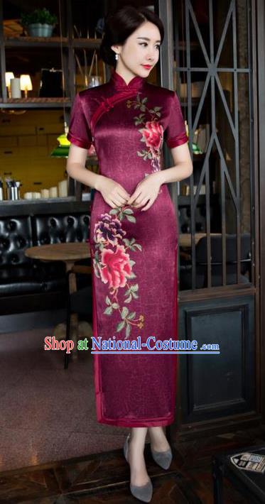 Chinese National Costume Tang Suit Wine Red Qipao Dress Traditional Republic of China Printing Peony Cheongsam for Women