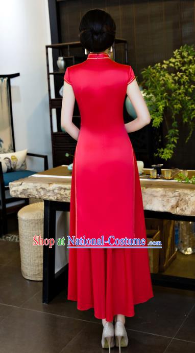 Chinese National Costume Tang Suit Printing Crane Peony Qipao Dress Traditional Republic of China Red Silk Cheongsam for Women