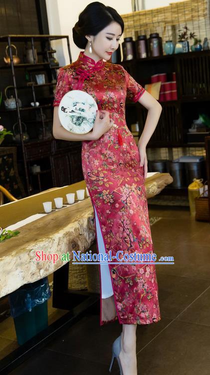 Chinese National Costume Tang Suit Printing Retro Qipao Dress Traditional Republic of China Red Silk Cheongsam for Women