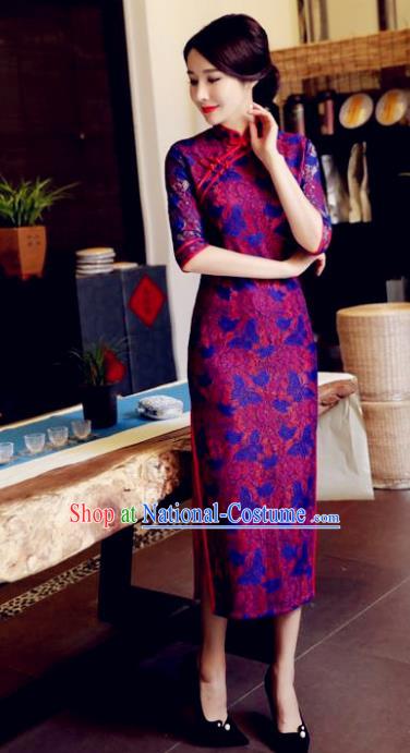 Chinese National Costume Tang Suit Printing Purple Retro Qipao Dress Traditional Republic of China Cheongsam for Women