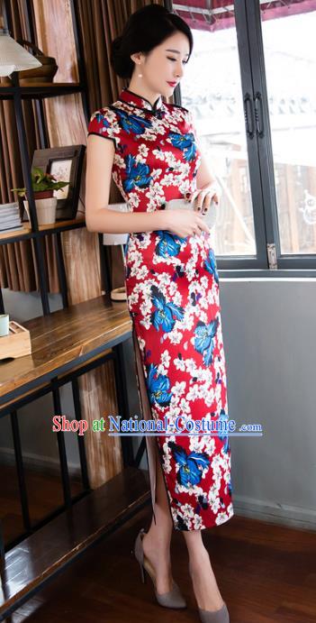 Chinese National Costume Retro Printing Red Qipao Dress Traditional Republic of China Tang Suit Cheongsam for Women