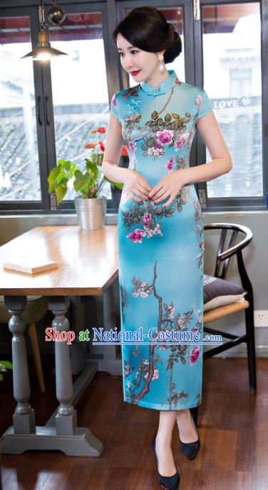 Chinese National Costume Retro Printing Blue Qipao Dress Traditional Republic of China Tang Suit Cheongsam for Women