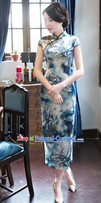 Chinese National Costume Retro Printing Blue Silk Qipao Dress Traditional Republic of China Tang Suit Cheongsam for Women