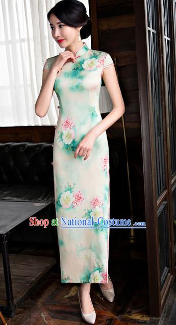 Chinese National Costume Retro Printing Light Green Silk Qipao Dress Traditional Republic of China Tang Suit Cheongsam for Women