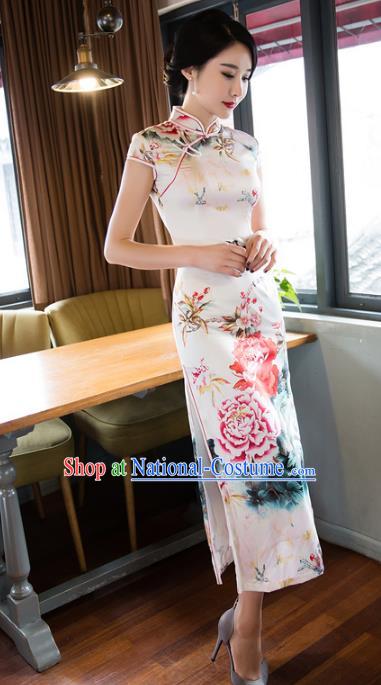 Chinese National Costume Retro Printing Peony Silk Qipao Dress Traditional Republic of China Tang Suit Cheongsam for Women