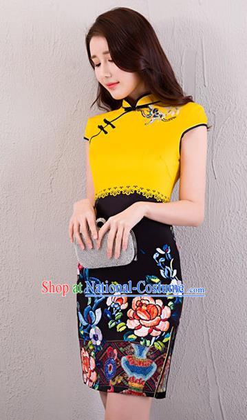 Chinese Top Grade Retro Yellow Satin Qipao Dress Traditional Republic of China Tang Suit Printing Cheongsam for Women