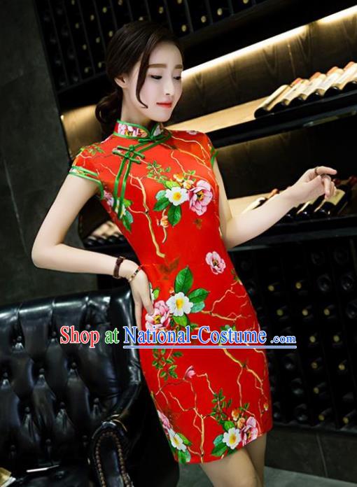 Chinese Top Grade Retro Printing Red Short Qipao Dress Traditional Republic of China Tang Suit Cheongsam for Women