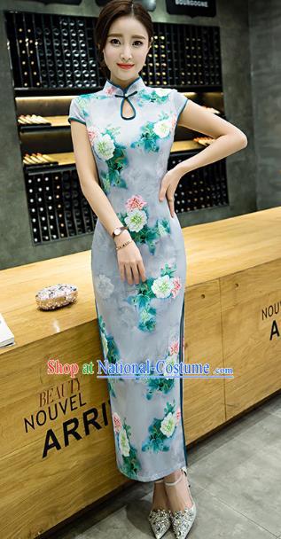 Chinese Top Grade Retro Printing Flowers Green Qipao Dress Traditional Republic of China Tang Suit Cheongsam for Women