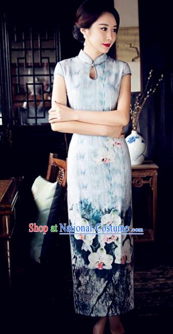 Chinese Top Grade Retro Printing Lotus Blue Silk Qipao Dress Traditional Republic of China Tang Suit Cheongsam for Women