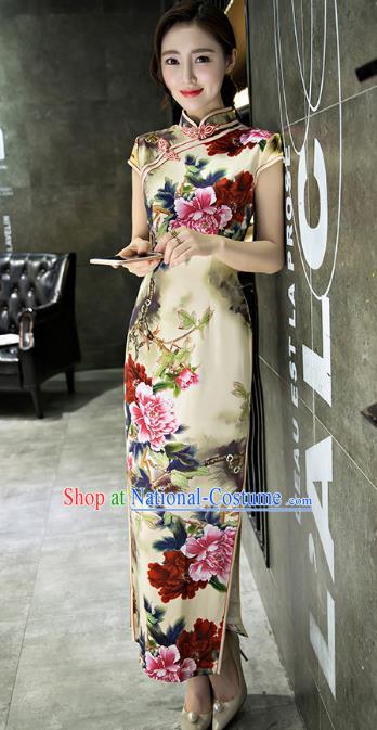 Chinese Top Grade Retro Printing Flowers Yellow Silk Qipao Dress Traditional Republic of China Tang Suit Cheongsam for Women