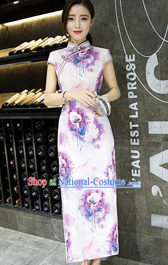 Chinese Top Grade Retro Printing Lily Flowers Purple Silk Qipao Dress Traditional Republic of China Tang Suit Cheongsam for Women