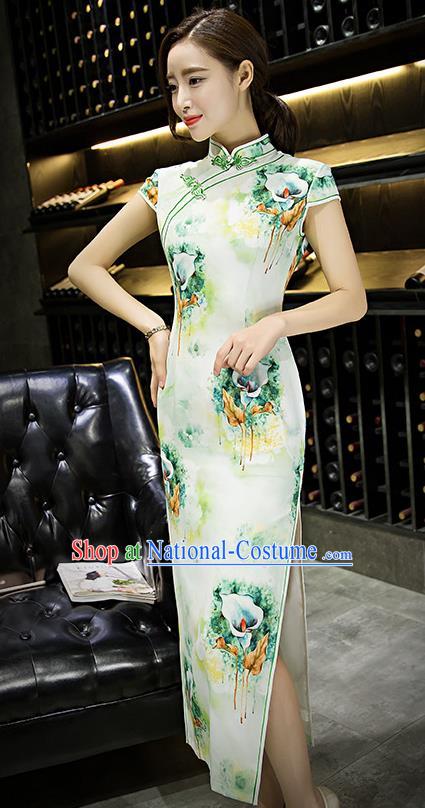 Chinese Top Grade Retro Printing Lily Flowers Green Silk Qipao Dress Traditional Republic of China Tang Suit Cheongsam for Women