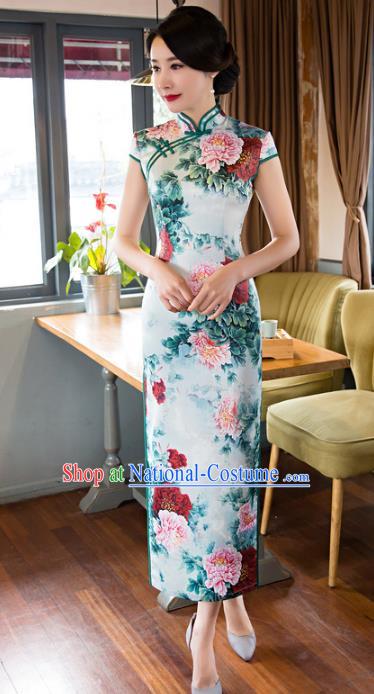 Chinese Top Grade Retro Printing Peony Green Qipao Dress Traditional Republic of China Tang Suit Cheongsam for Women