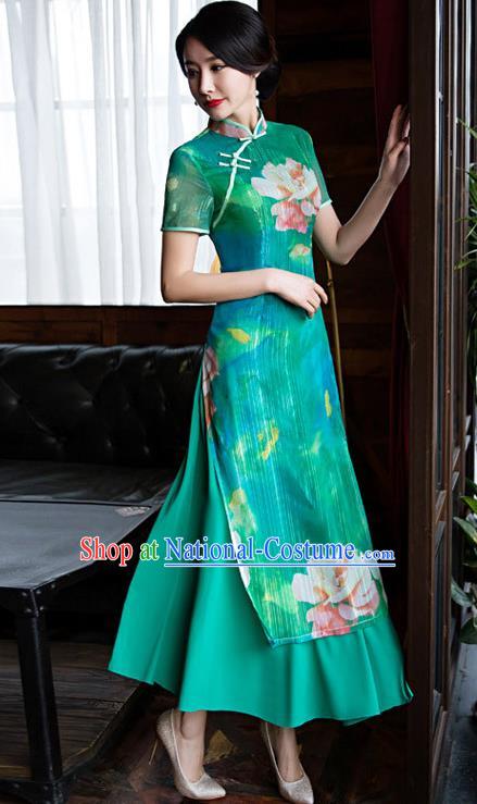 Chinese Top Grade Retro Printing Lotus Green Qipao Dress Traditional Republic of China Tang Suit Cheongsam for Women