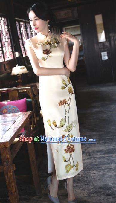 Chinese Top Grade Retro Champagne Silk Qipao Dress Traditional Republic of China Tang Suit Cheongsam for Women