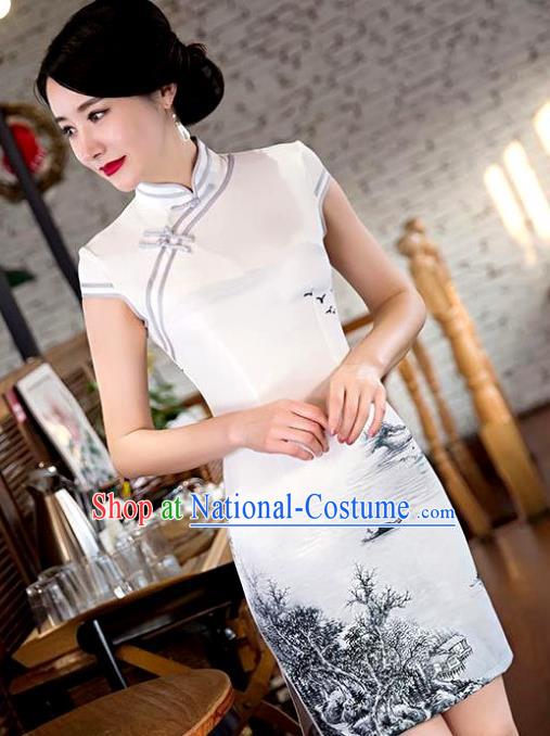 Chinese Top Grade Retro Landscape Painting Qipao Dress Traditional Republic of China Tang Suit Cheongsam for Women