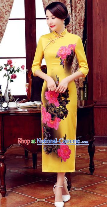 Top Grade Chinese Elegant Printing Peony Yellow Cheongsam Traditional Republic of China Tang Suit Silk Qipao Dress for Women