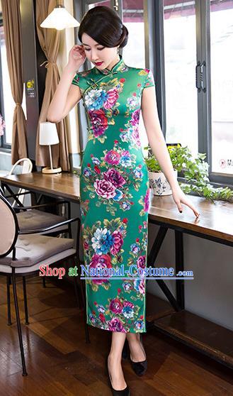 Top Grade Chinese Elegant Printing Flowers Green Cheongsam Traditional Republic of China Tang Suit Silk Qipao Dress for Women