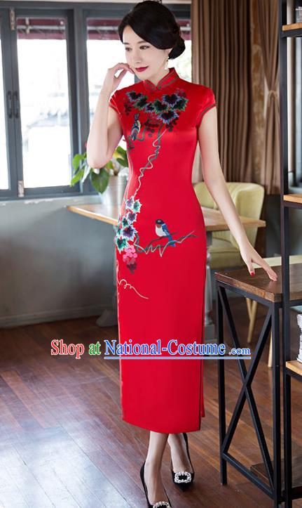 Top Grade Chinese Elegant Cheongsam Traditional China Tang Suit Printing Red Silk Qipao Dress for Women