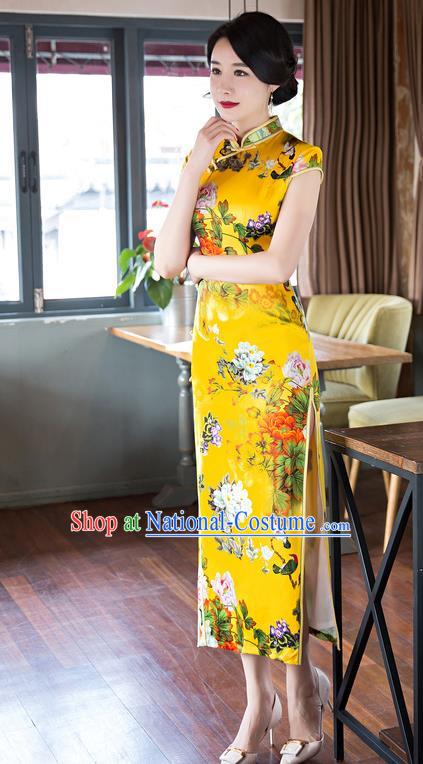 Top Grade Chinese Elegant Cheongsam Traditional China Tang Suit Printing Peony Yellow Silk Qipao Dress for Women