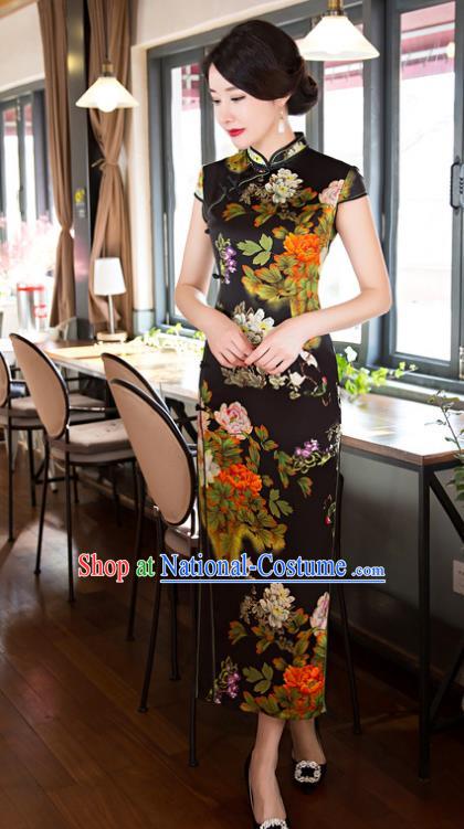 Top Grade Chinese Elegant Cheongsam Traditional China Tang Suit Printing Peony Black Silk Qipao Dress for Women