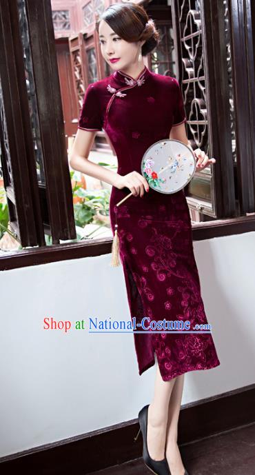 Top Grade Chinese Elegant Cheongsam Traditional China Tang Suit Wine Red Velvet Qipao Dress for Women