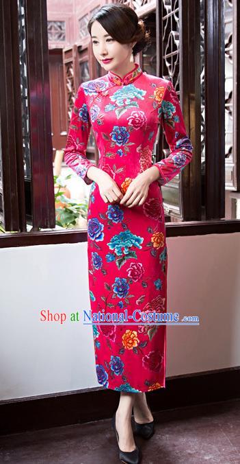 Top Grade Chinese Elegant Rosy Cheongsam Traditional China Tang Suit Printing Peony Qipao Dress for Women