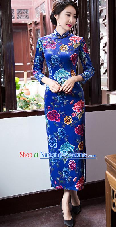 Top Grade Chinese Elegant Blue Cheongsam Traditional China Tang Suit Printing Peony Qipao Dress for Women