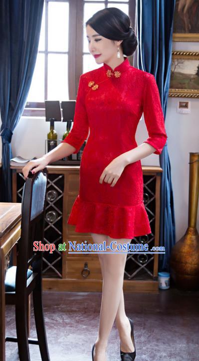 Top Grade Chinese Elegant Red Lace Short Cheongsam Traditional China Tang Suit Qipao Dress for Women