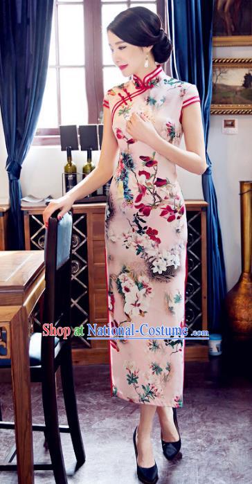 Top Grade Chinese Elegant Silk Cheongsam Traditional China Tang Suit Printing Pink Qipao Dress for Women