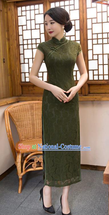 Chinese Top Grade Elegant Olive Green Lace Qipao Dress Traditional Republic of China Tang Suit Cheongsam for Women