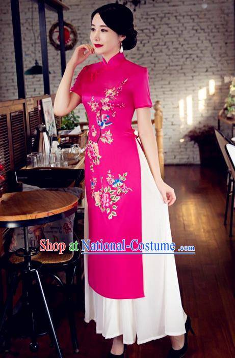 Chinese Top Grade Elegant Printing Peony Rosy Cheongsam Traditional Republic of China Tang Suit Qipao Dress for Women