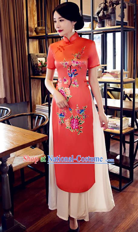 Chinese Top Grade Elegant Printing Peony Orange Cheongsam Traditional Republic of China Tang Suit Qipao Dress for Women