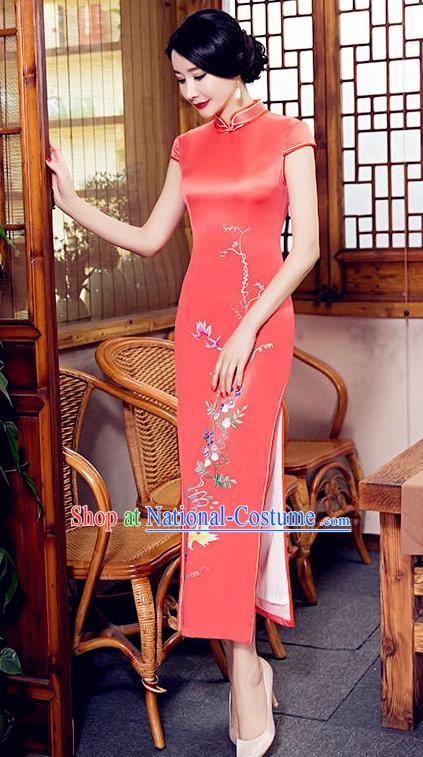 Chinese Top Grade Elegant Cheongsam Traditional Republic of China Tang Suit Orange Silk Qipao Dress for Women