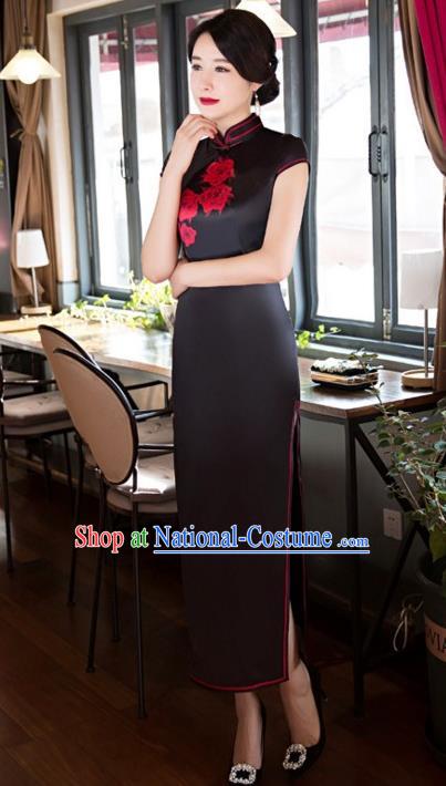 Chinese Top Grade Elegant Printing Flowers Cheongsam Traditional Republic of China Tang Suit Black Silk Qipao Dress for Women