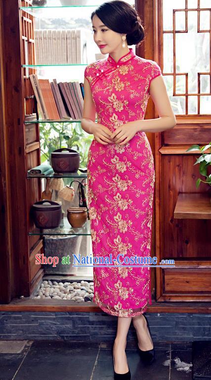 Chinese Top Grade Elegant Embroidered Cheongsam Traditional Republic of China Tang Suit Rosy Qipao Dress for Women