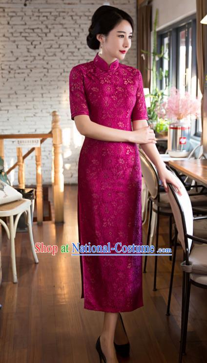 Chinese Top Grade Elegant Rosy Lace Cheongsam Traditional Republic of China Tang Suit Qipao Dress for Women