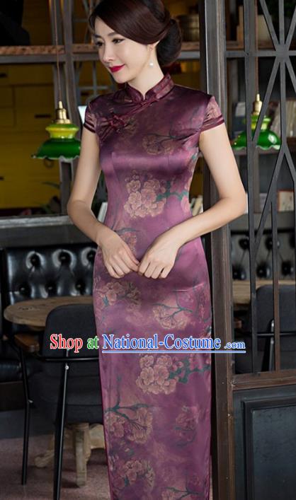 Traditional Top Grade Chinese Elegant Printing Cheongsam China Tang Suit Purple Qipao Dress for Women