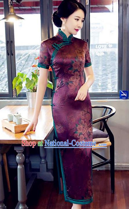 Traditional Top Grade Chinese Elegant Printing Purple Silk Cheongsam China Tang Suit Qipao Dress for Women