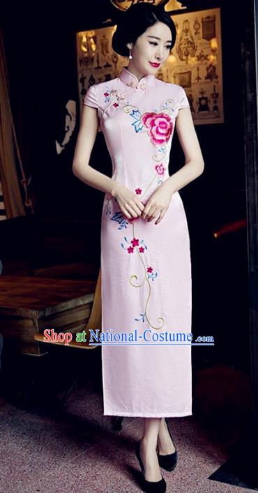 Traditional Top Grade Chinese Elegant Printing Peony Pink Cheongsam China Tang Suit Qipao Dress for Women